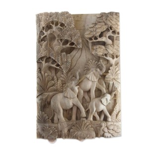 Relief Panel Wall &apos;Life of the Elephants&apos; Sculpture Hand Carved Wood NOVICA Bali   362414269040